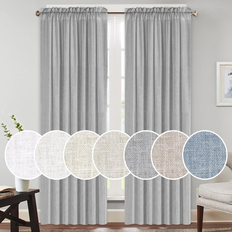 PrinceDeco Dove Grey Linen Curtains for Bedroom Linen Window Curtains 84 Inches Long Light Filtering Country Rustic Linen Curtains for Living Room,2 Panels, 52" W x 84" L - Image 1